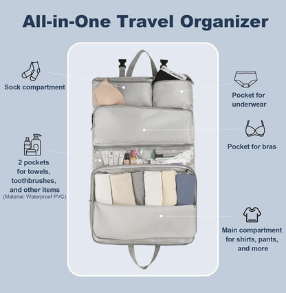 TABITORA Travel Clothes Organizer Portable Hanging Compression Packing Cubes Camp Organizer Travel Cases Suitcase Storage Large Capacity Carry On Closet (Grey)