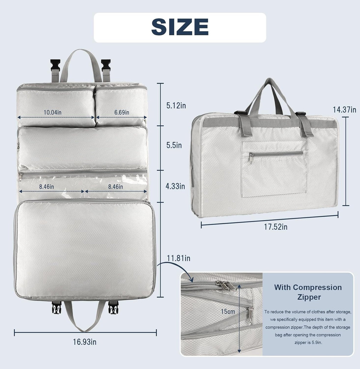 TABITORA Travel Clothes Organizer Portable Hanging Compression Packing Cubes Camp Organizer Travel Cases Suitcase Storage Large Capacity Carry On Closet (Grey)