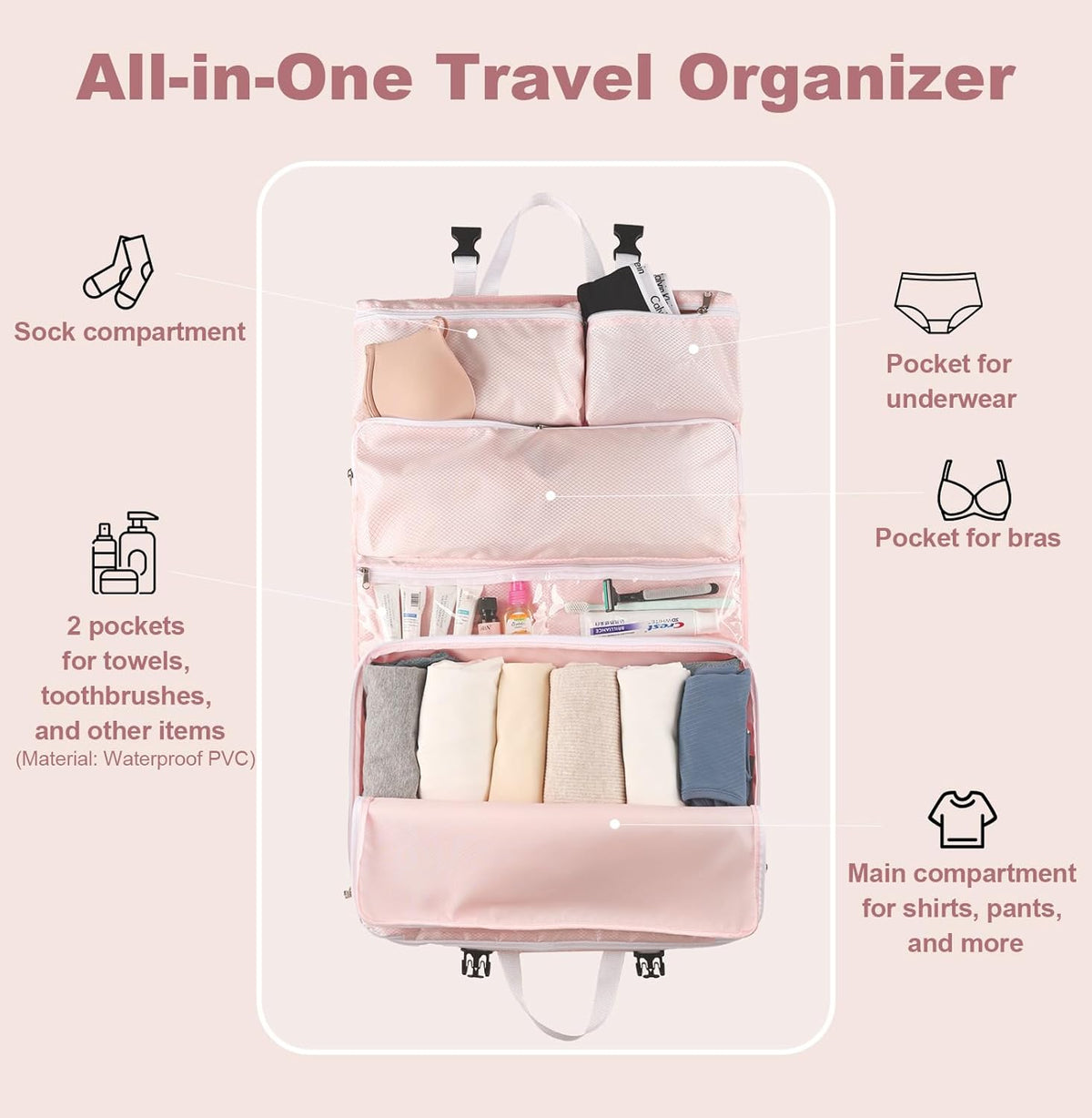 TABITORA Travel Clothes Organizer Portable Hanging Compression Packing Cubes Camp Organizer Travel Cases Suitcase Storage Large Capacity Carry On Closet (Grey)
