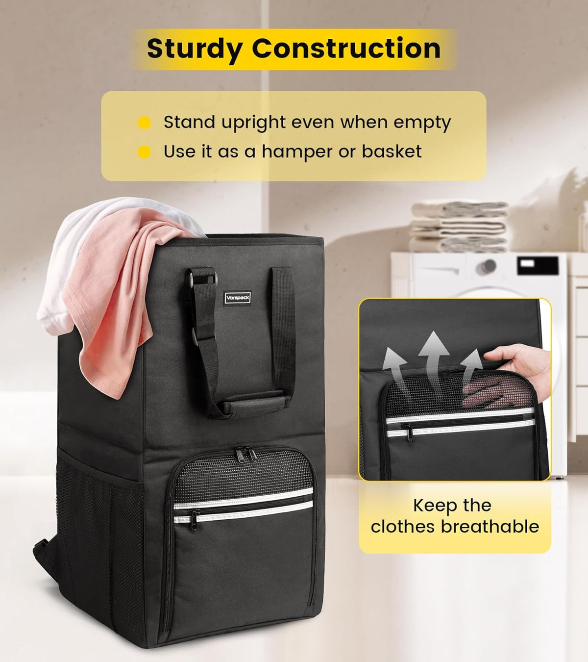 Laundry Bag Backpack - Extra Large Laundry Bags with Shoulder Straps Heavy-duty 2 in 1 Laundry Hamper Basket for College Dorm Camp Laundromat Room Essentials - Black