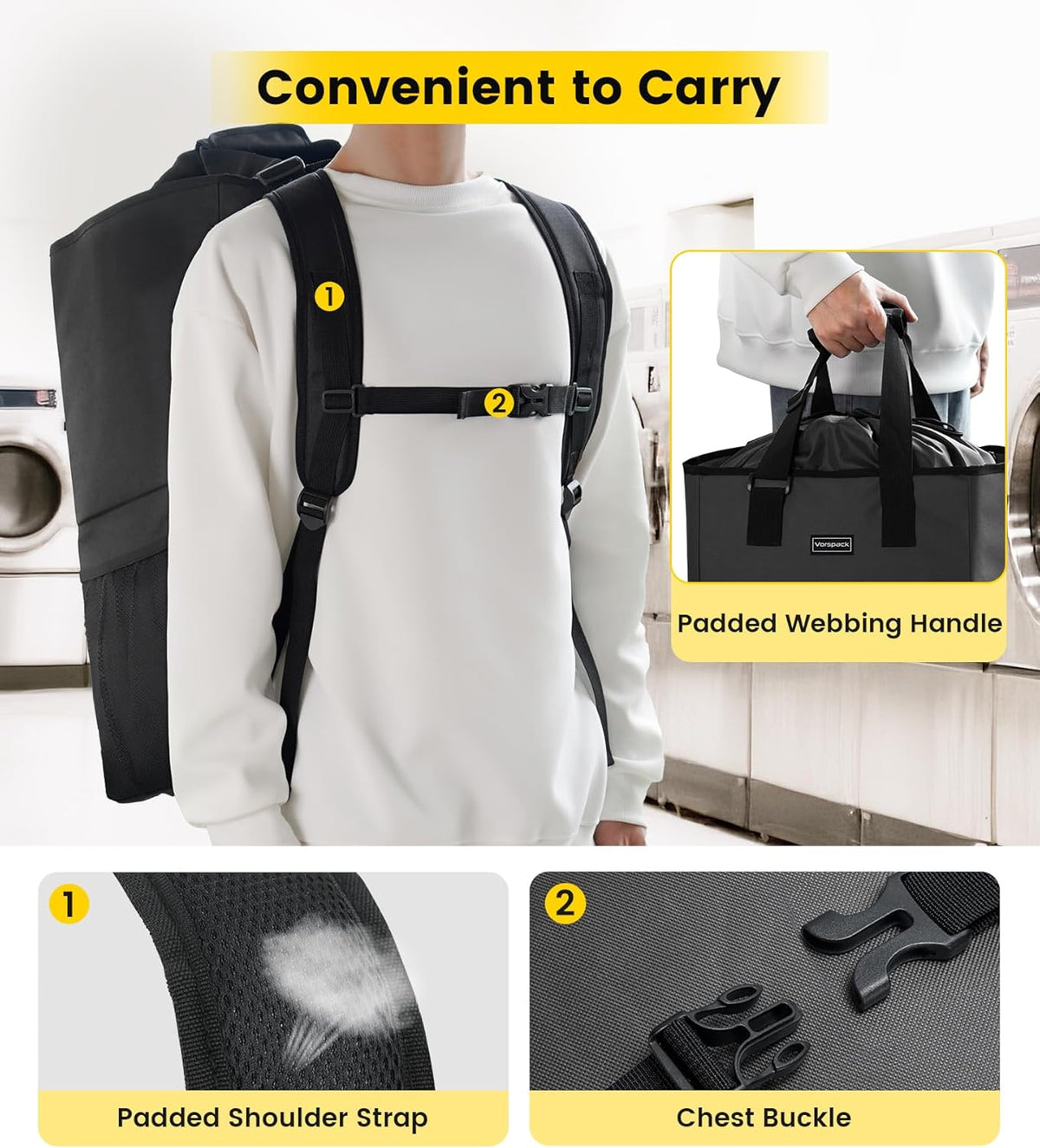 Laundry Bag Backpack - Extra Large Laundry Bags with Shoulder Straps Heavy-duty 2 in 1 Laundry Hamper Basket for College Dorm Camp Laundromat Room Essentials - Black