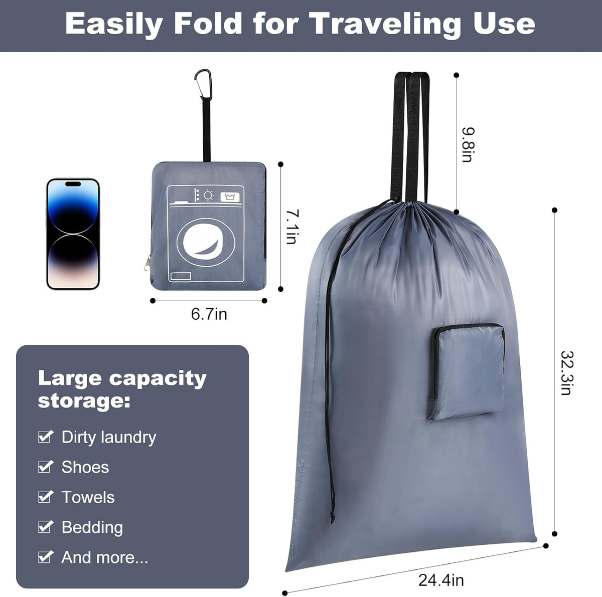 24" x 33" Extra Large Heavy Duty Laundry Bag With Handles, Travel Laundry Bag for Dirty Clothes,Traveling, Camp