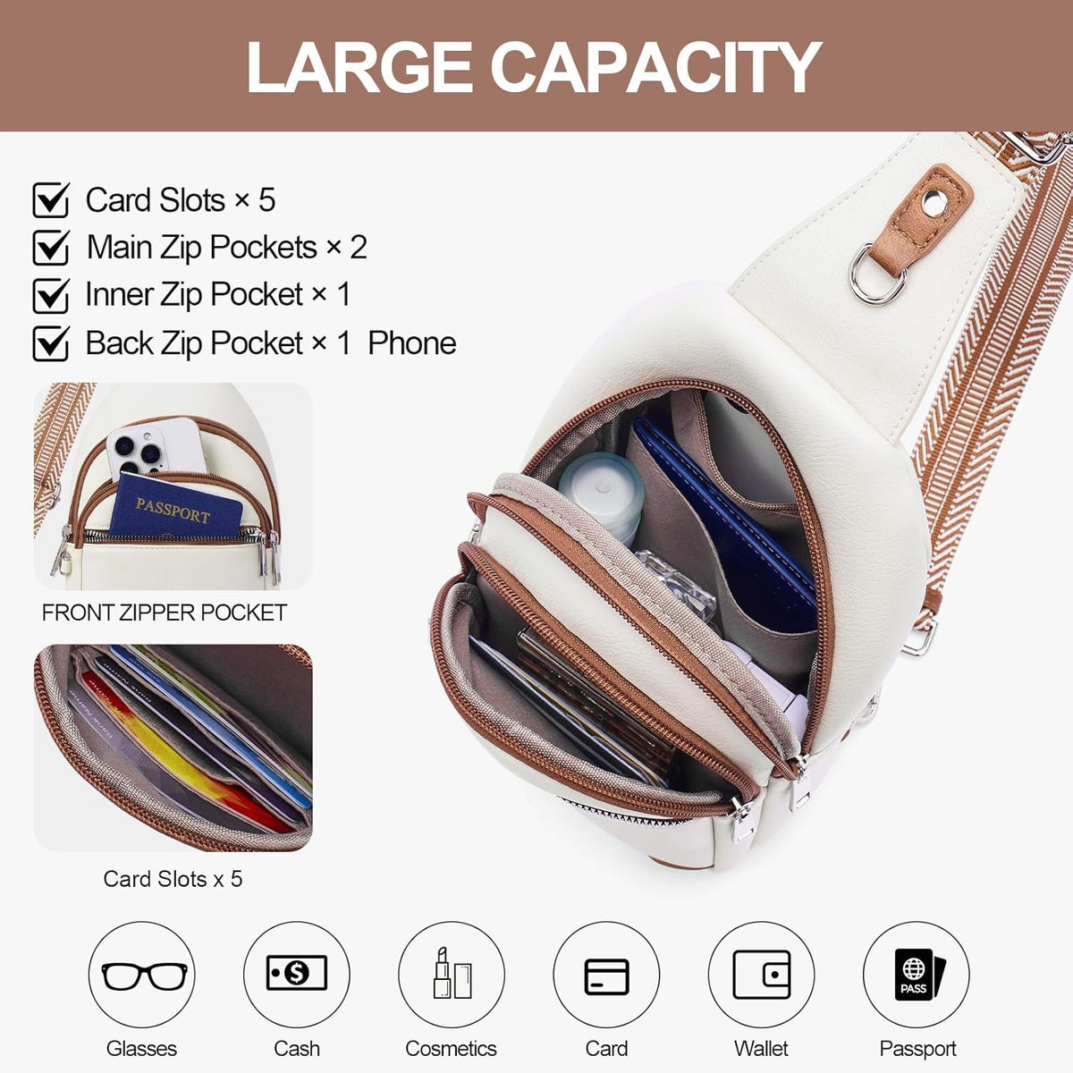 Anti Theft Crossbody Bags for Women Travel Chest Sling Bag Leather RFID Purse Fanny Pack Camel