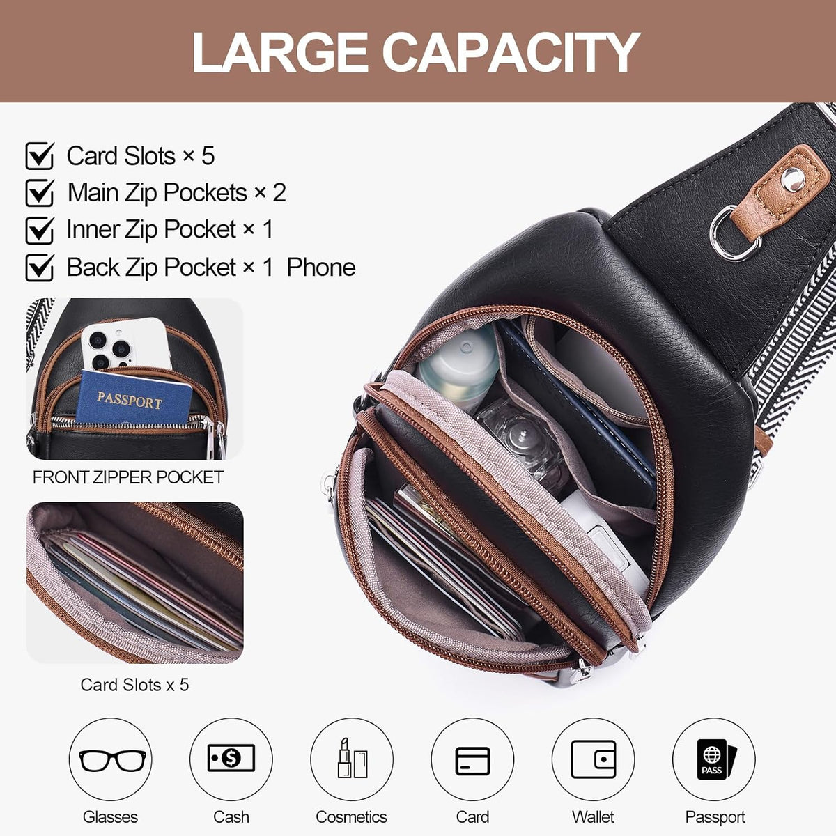 Anti Theft Crossbody Bags for Women Travel Chest Sling Bag Leather RFID Purse Fanny Pack Camel