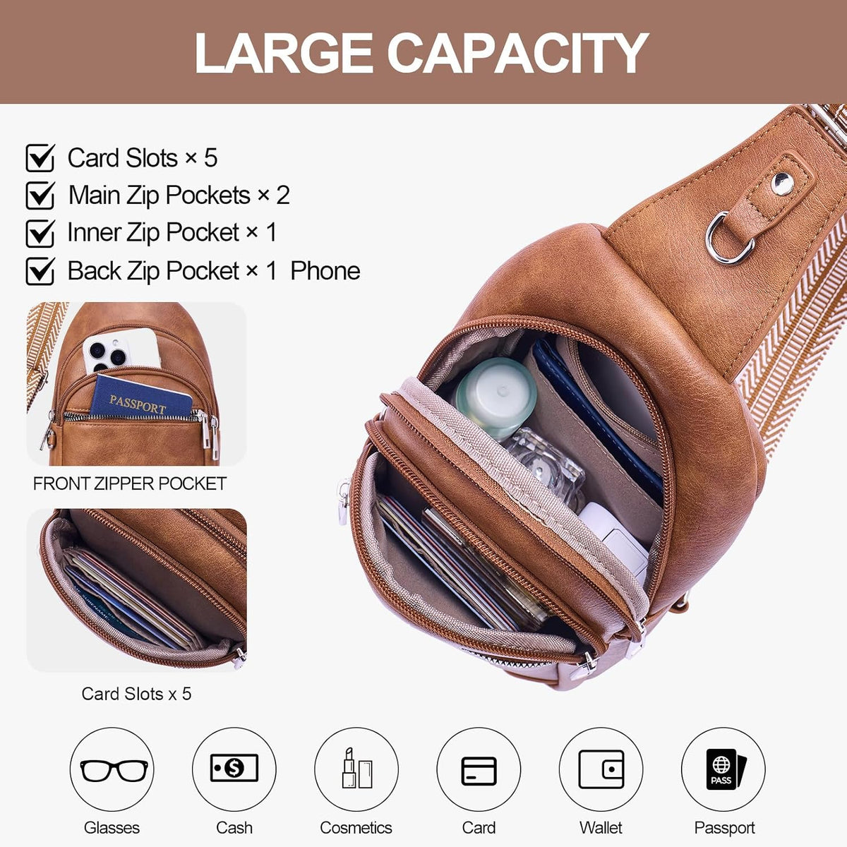 Anti Theft Crossbody Bags for Women Travel Chest Sling Bag Leather RFID Purse Fanny Pack Camel