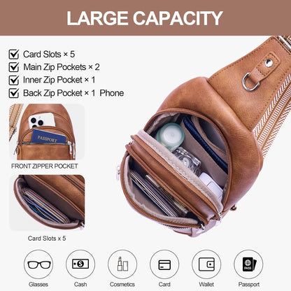 Anti Theft Crossbody Bags for Women Travel Chest Sling Bag Leather RFID Purse Fanny Pack Camel
