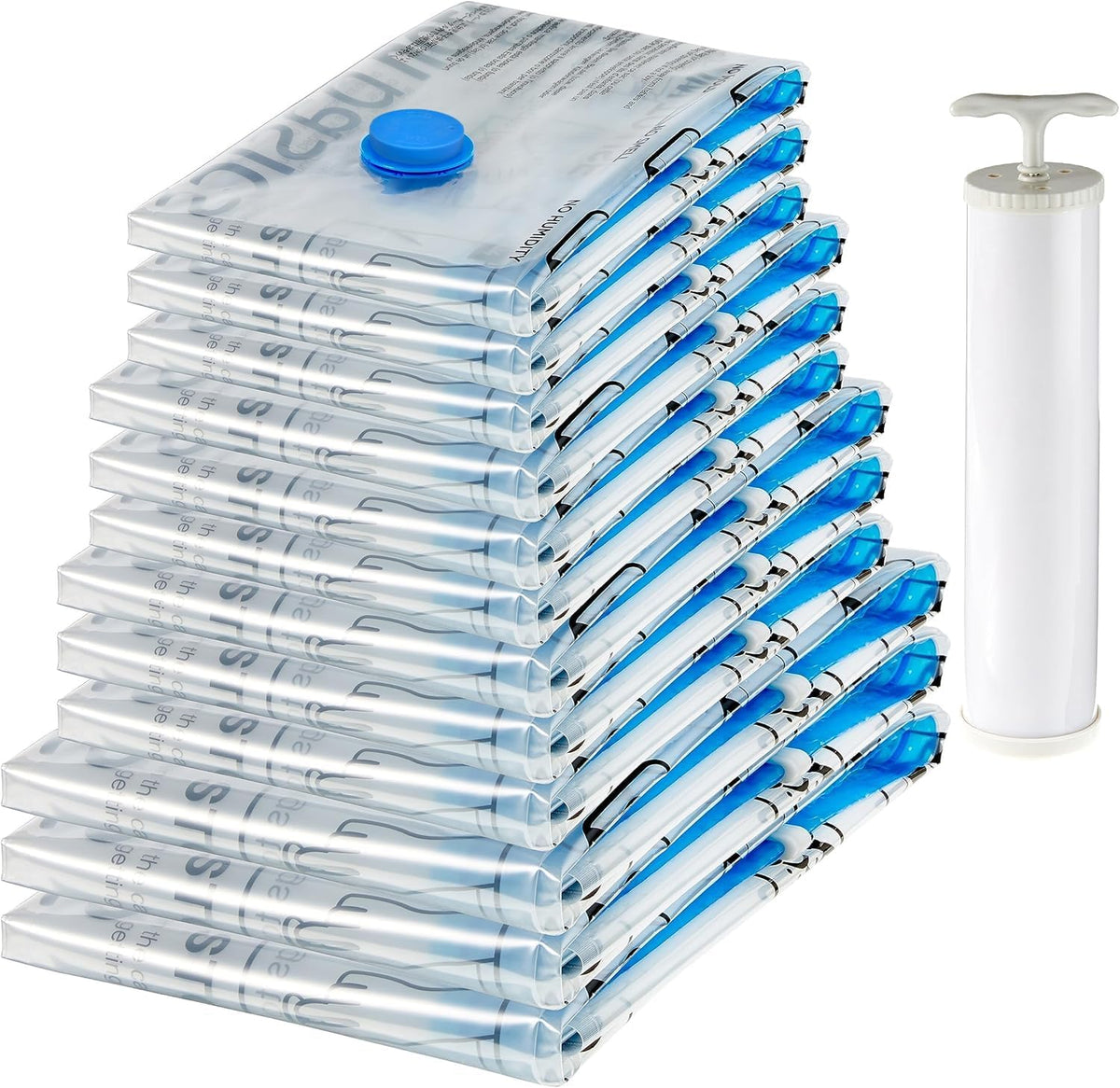 Vacuum Storage Bags with Hand Pump for Travel, Space Saving Compression Bags for Clothes and Blankets, Clear, 12 Pack (3 Small, 3 Medium, 3 Large & 3 Jumbo)