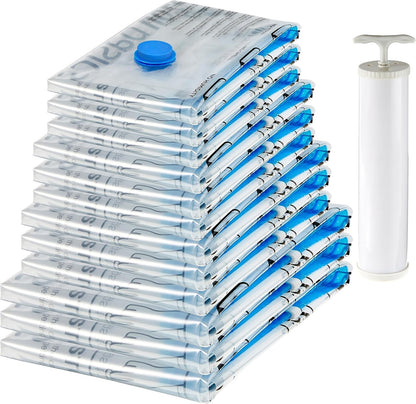 Vacuum Storage Bags with Hand Pump for Travel, Space Saving Compression Bags for Clothes and Blankets, Clear, 12 Pack (3 Small, 3 Medium, 3 Large & 3 Jumbo)