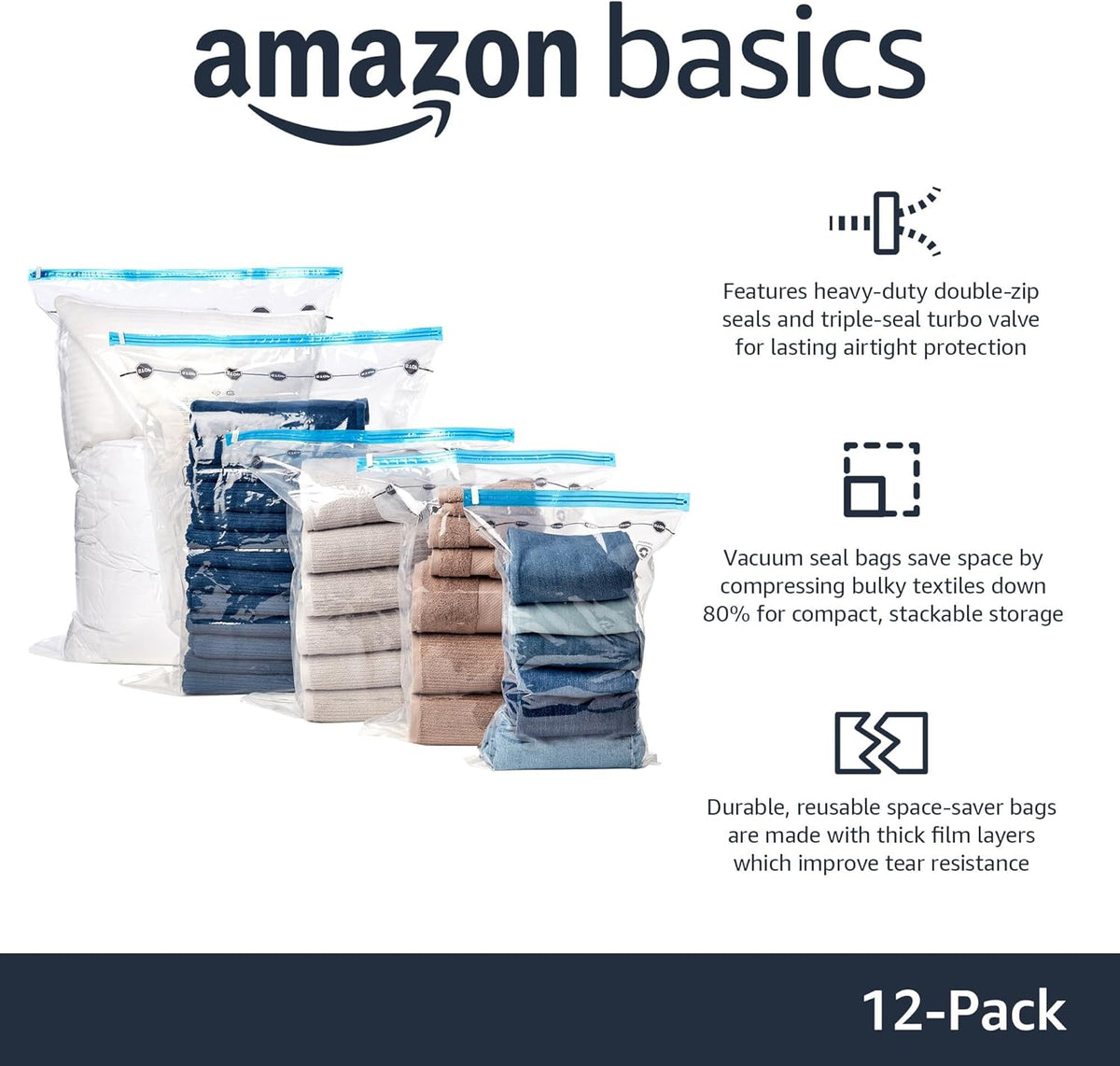 Vacuum Storage Bags with Hand Pump for Travel, Space Saving Compression Bags for Clothes and Blankets, Clear, 12 Pack (3 Small, 3 Medium, 3 Large & 3 Jumbo)