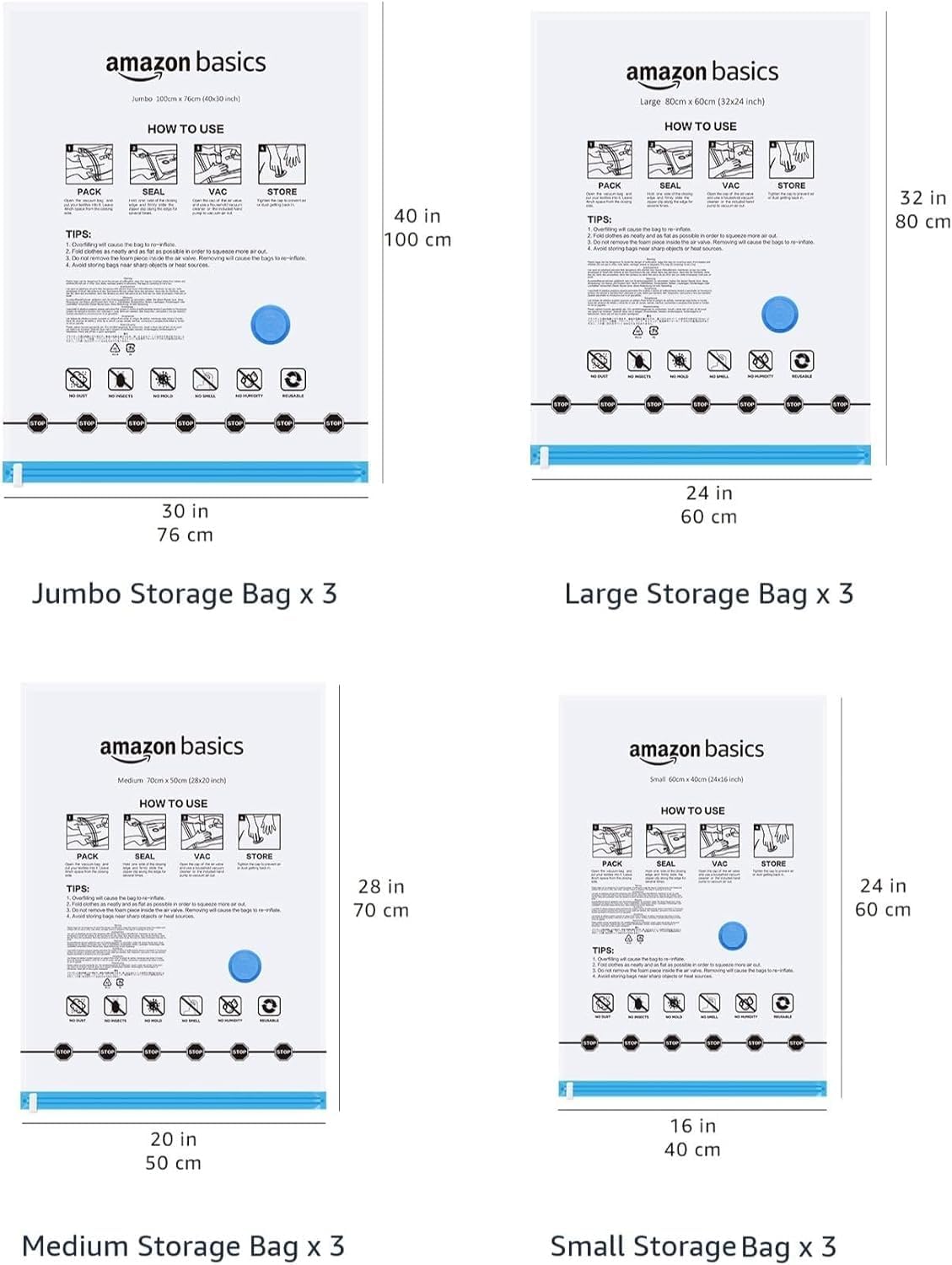 Vacuum Storage Bags with Hand Pump for Travel, Space Saving Compression Bags for Clothes and Blankets, Clear, 12 Pack (3 Small, 3 Medium, 3 Large & 3 Jumbo)