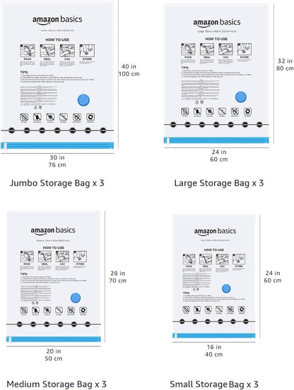 Vacuum Storage Bags with Hand Pump for Travel, Space Saving Compression Bags for Clothes and Blankets, Clear, 12 Pack (3 Small, 3 Medium, 3 Large & 3 Jumbo)