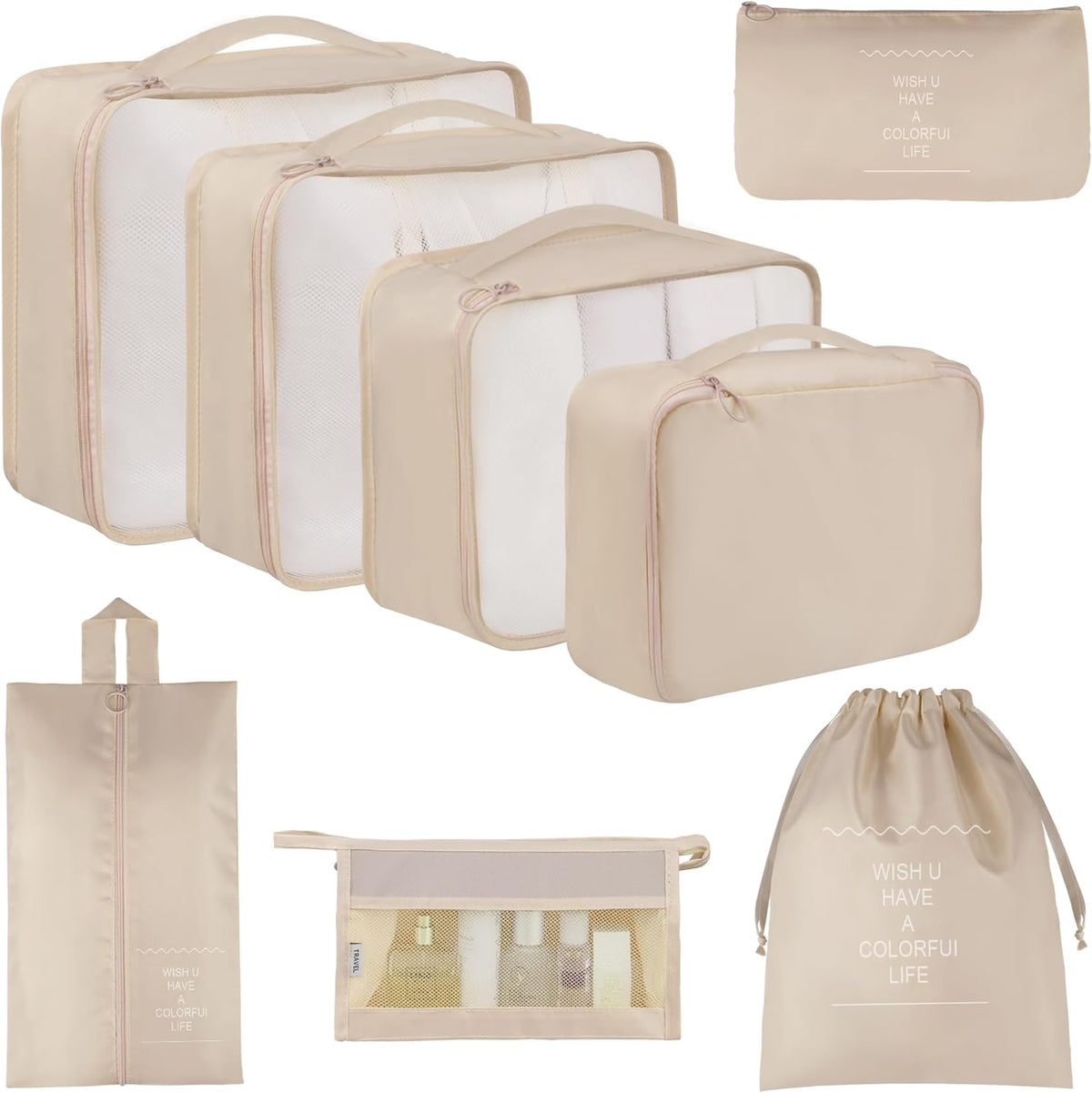 8 Set Travel Packing Pods Luggage Organizers Cubes with Laundry Bags Accessories