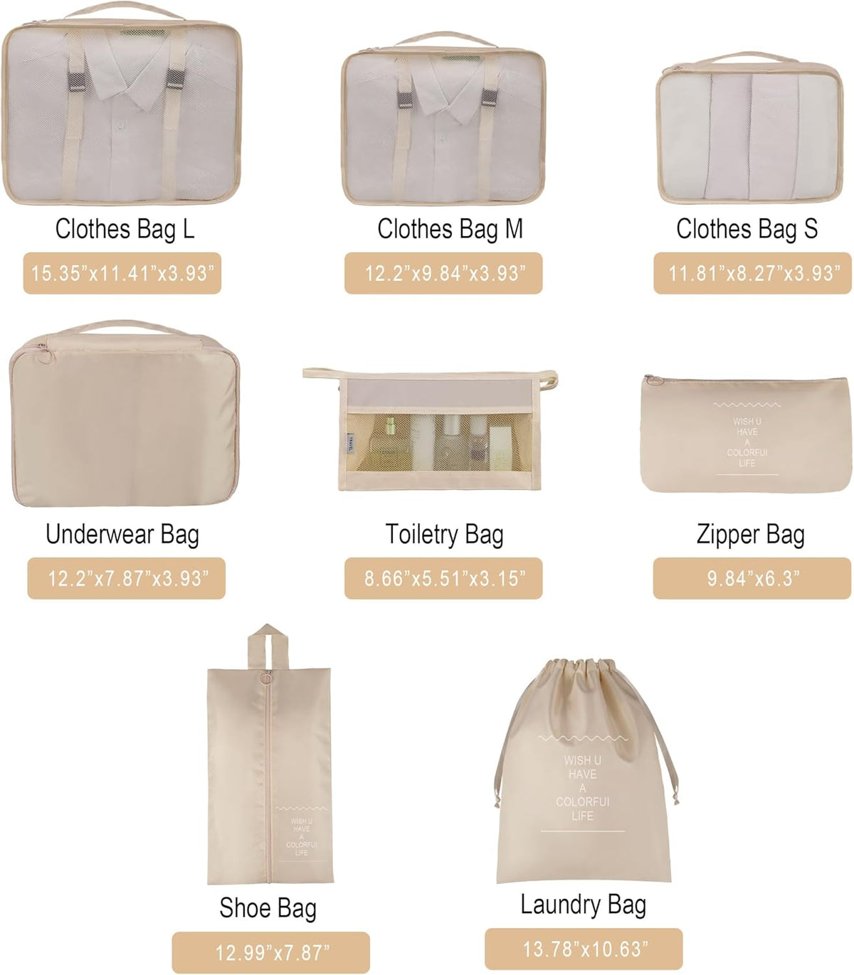 8 Set Travel Packing Pods Luggage Organizers Cubes with Laundry Bags Accessories