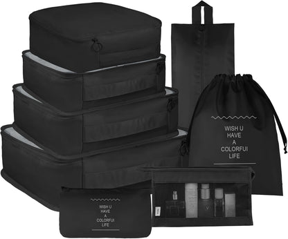 8 Set Travel Packing Pods Luggage Organizers Cubes with Laundry Bags Accessories