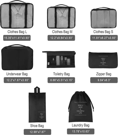 8 Set Travel Packing Pods Luggage Organizers Cubes with Laundry Bags Accessories