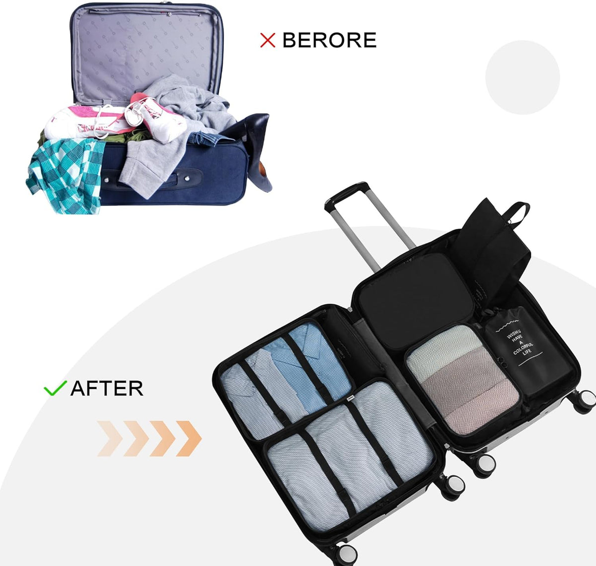 8 Set Travel Packing Pods Luggage Organizers Cubes with Laundry Bags Accessories