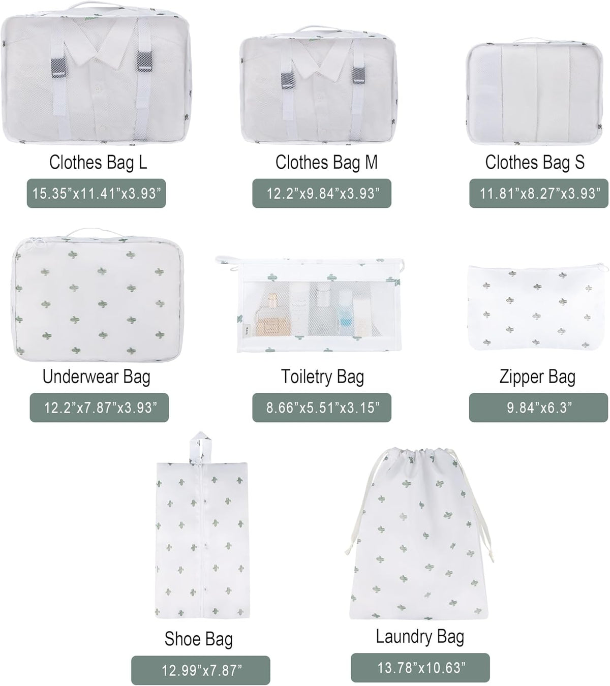 8 Set Travel Packing Pods Luggage Organizers Cubes with Laundry Bags Accessories