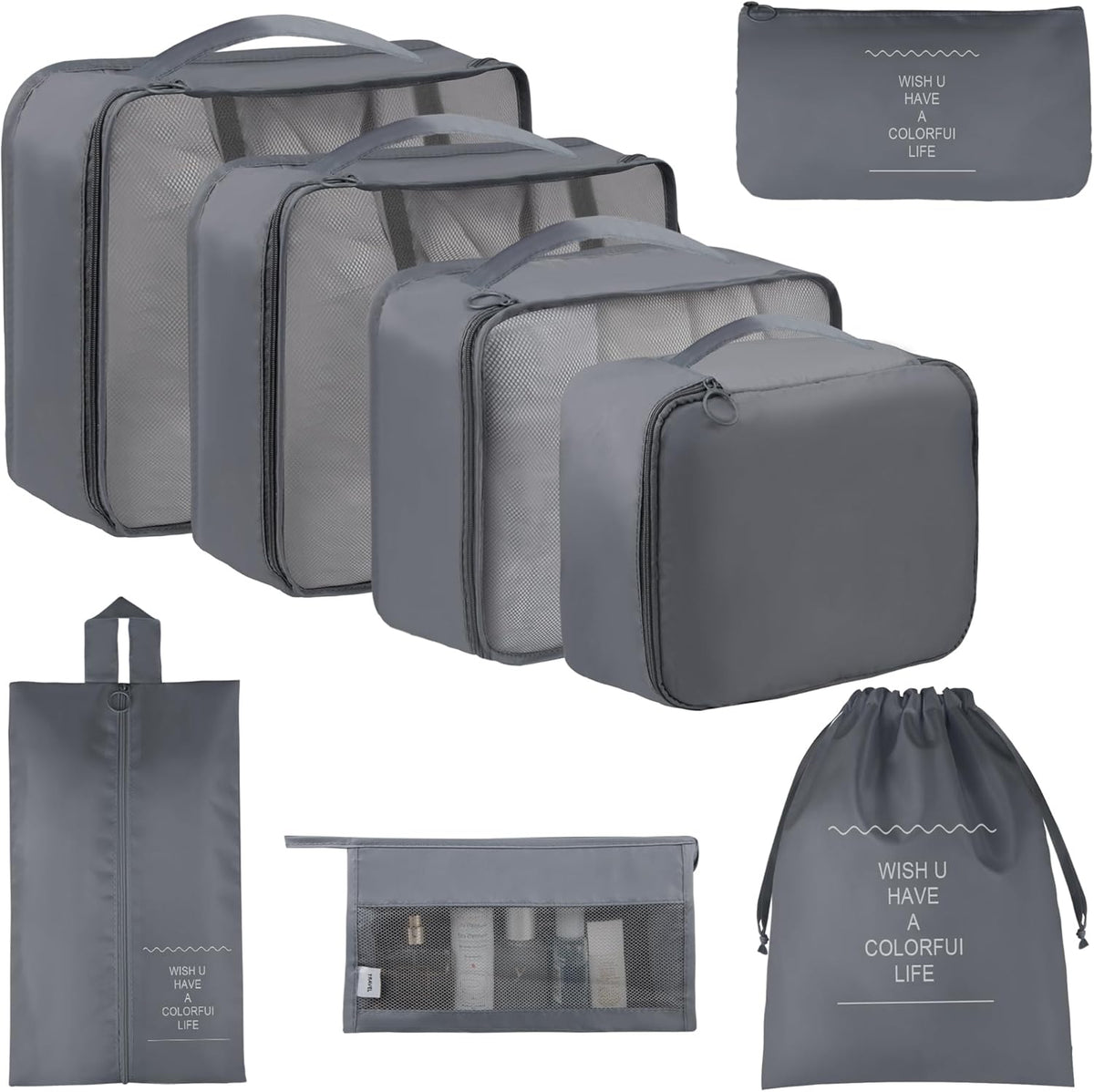8 Set Travel Packing Pods Luggage Organizers Cubes with Laundry Bags Accessories