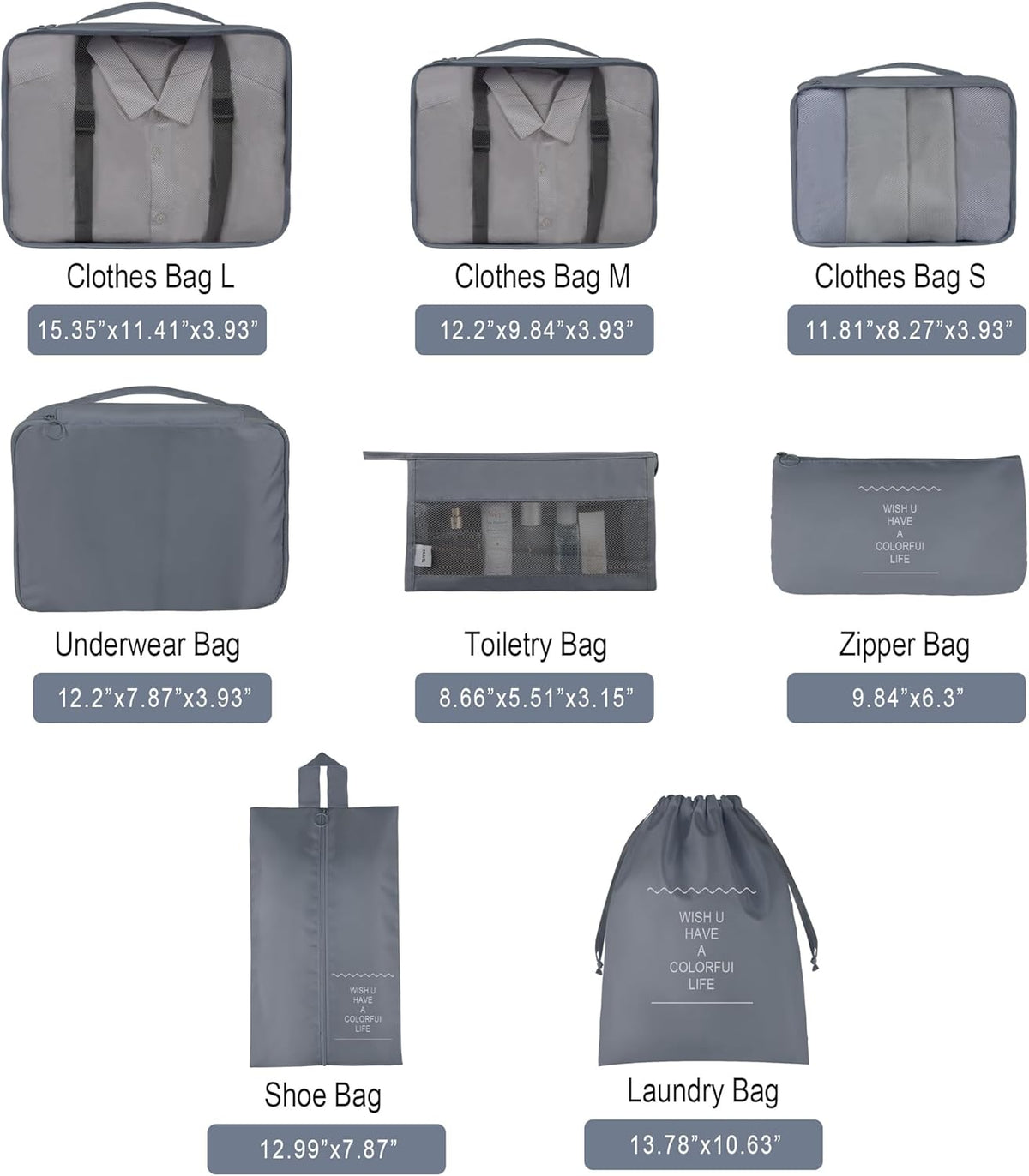 8 Set Travel Packing Pods Luggage Organizers Cubes with Laundry Bags Accessories