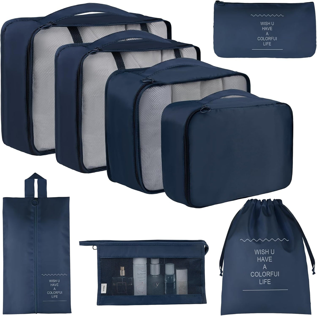 8 Set Travel Packing Pods Luggage Organizers Cubes with Laundry Bags Accessories