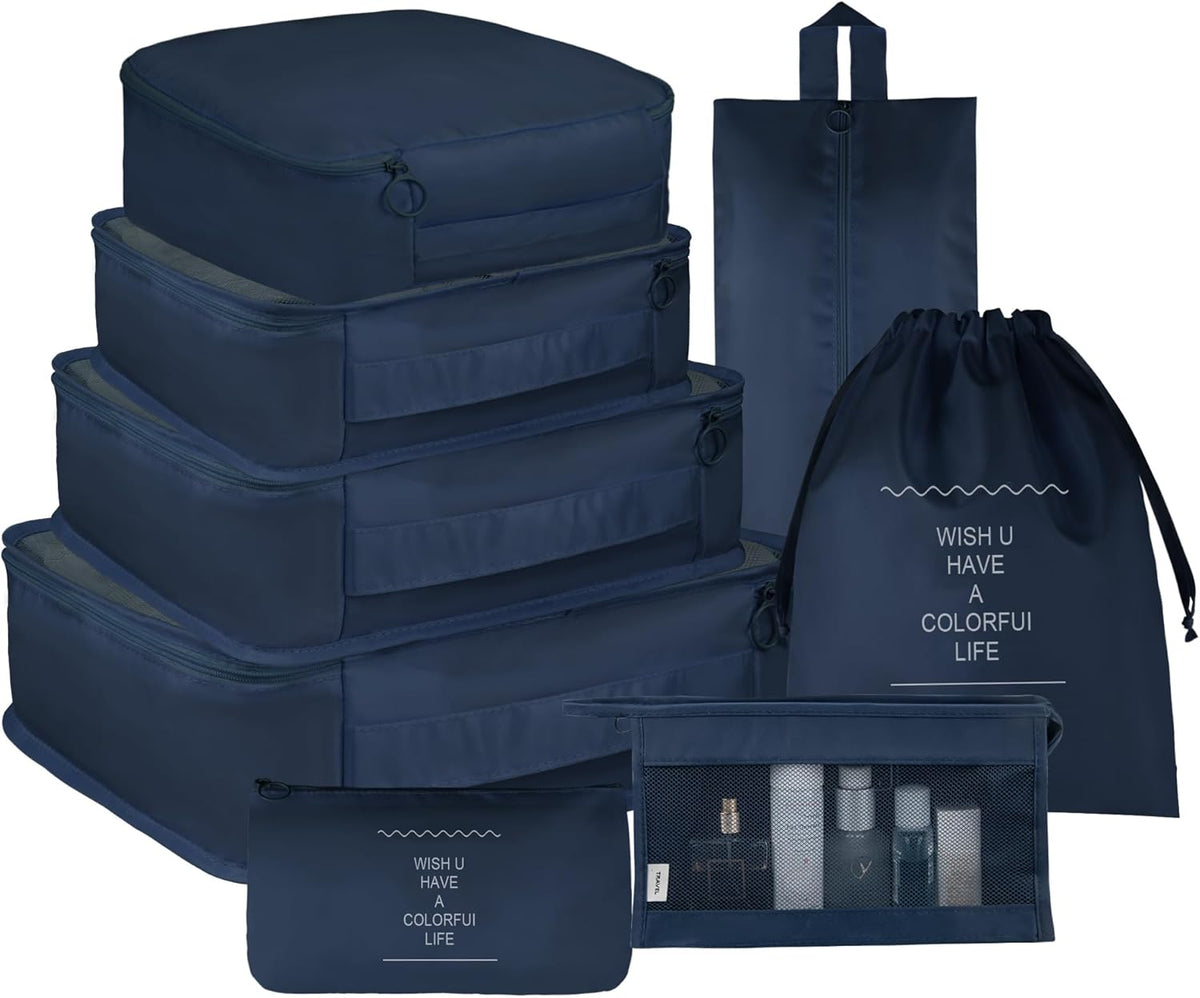 8 Set Travel Packing Pods Luggage Organizers Cubes with Laundry Bags Accessories