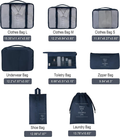 8 Set Travel Packing Pods Luggage Organizers Cubes with Laundry Bags Accessories