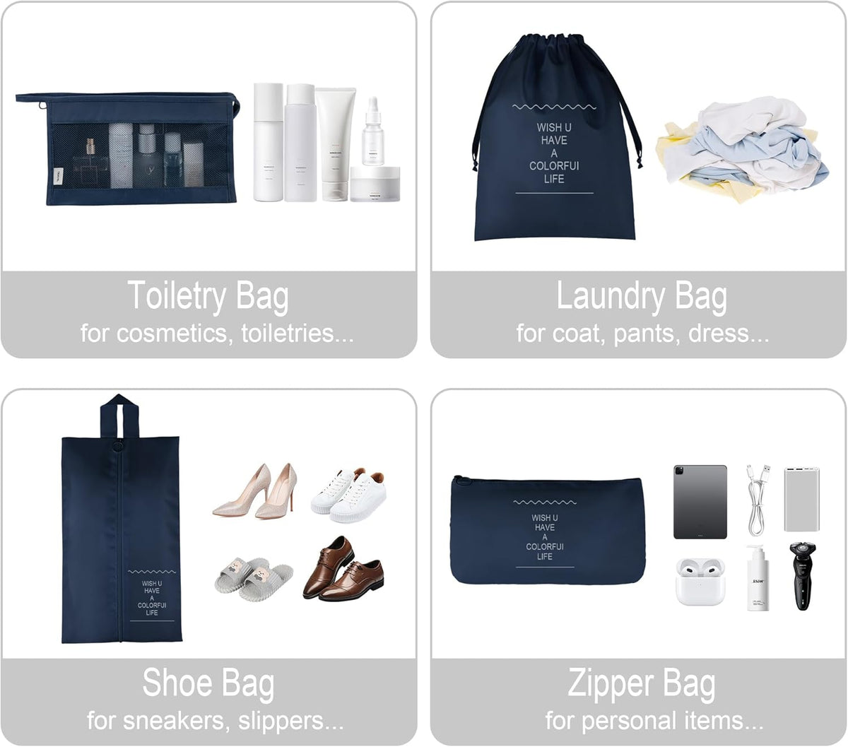 8 Set Travel Packing Pods Luggage Organizers Cubes with Laundry Bags Accessories
