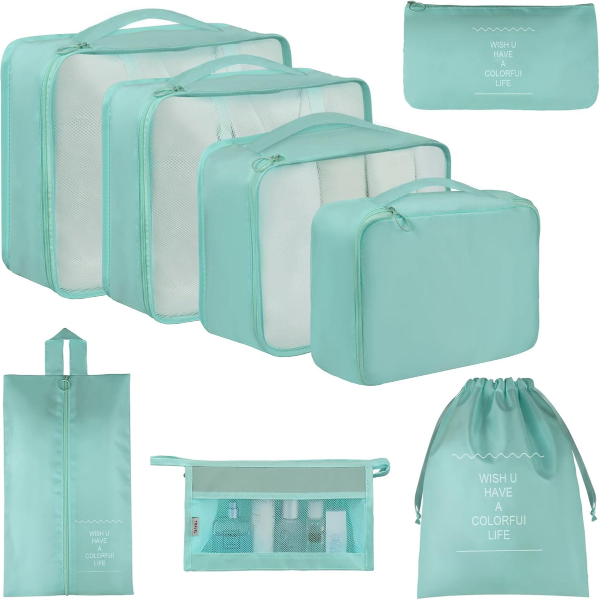 8 Set Travel Packing Pods Luggage Organizers Cubes with Laundry Bags Accessories