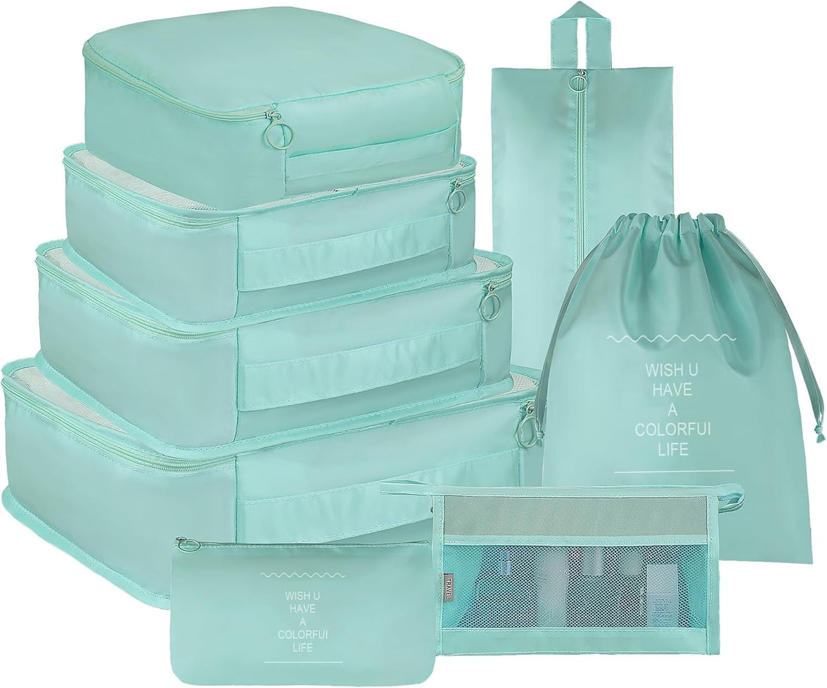 8 Set Travel Packing Pods Luggage Organizers Cubes with Laundry Bags Accessories