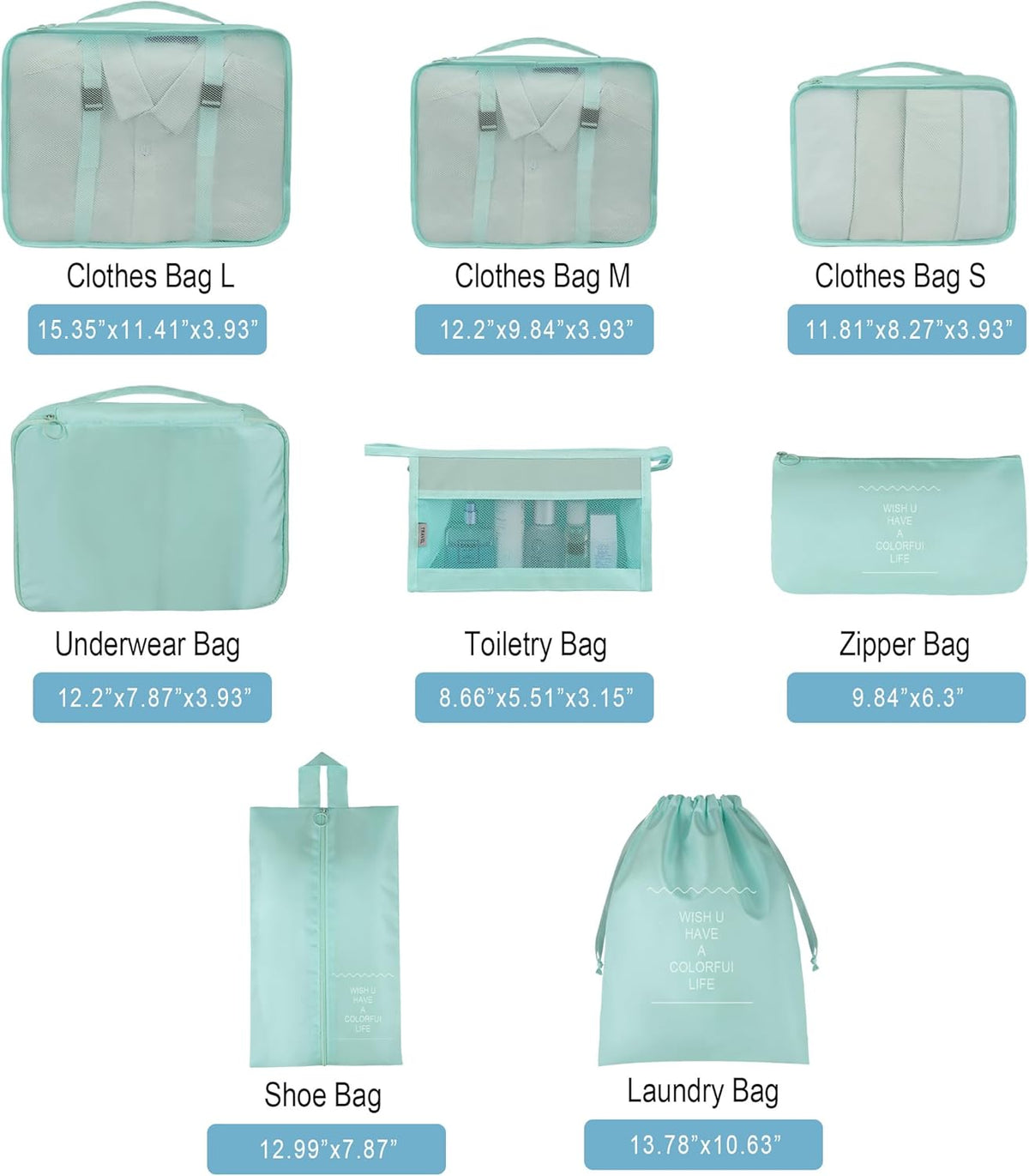 8 Set Travel Packing Pods Luggage Organizers Cubes with Laundry Bags Accessories