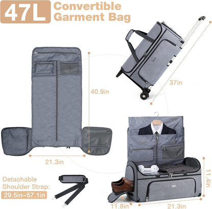 Garment Bags with Wheels, Garment Convertible Weekender Bags, Large Garment Bags for Travel, Duffle Luggage Bag Garment Bag (Grey, Medium)