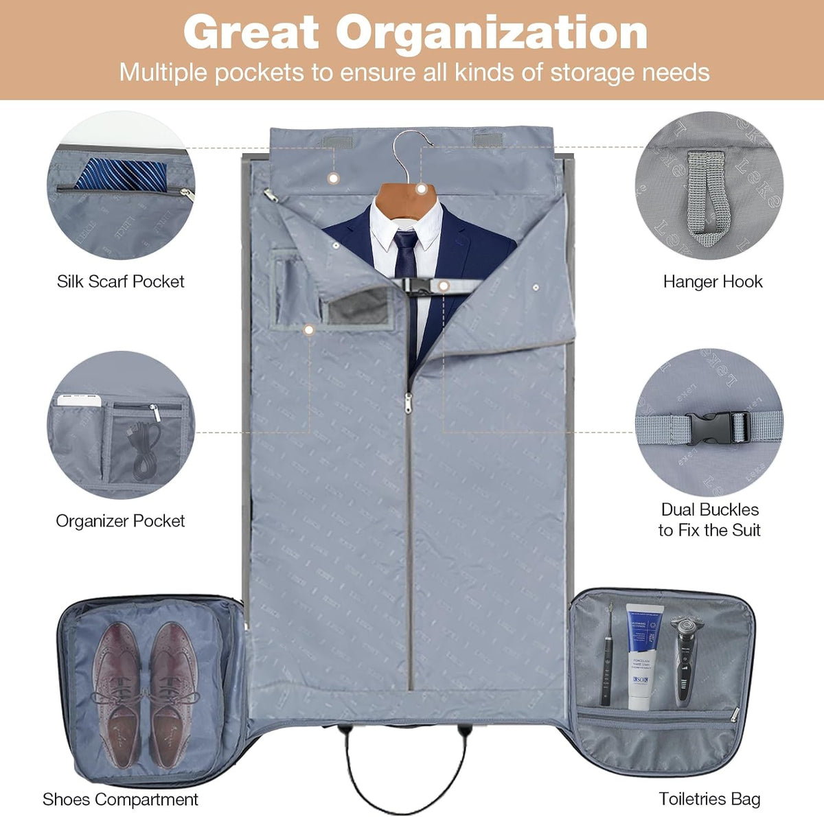 Garment Bags with Wheels, Garment Convertible Weekender Bags, Large Garment Bags for Travel, Duffle Luggage Bag Garment Bag (Grey, Medium)