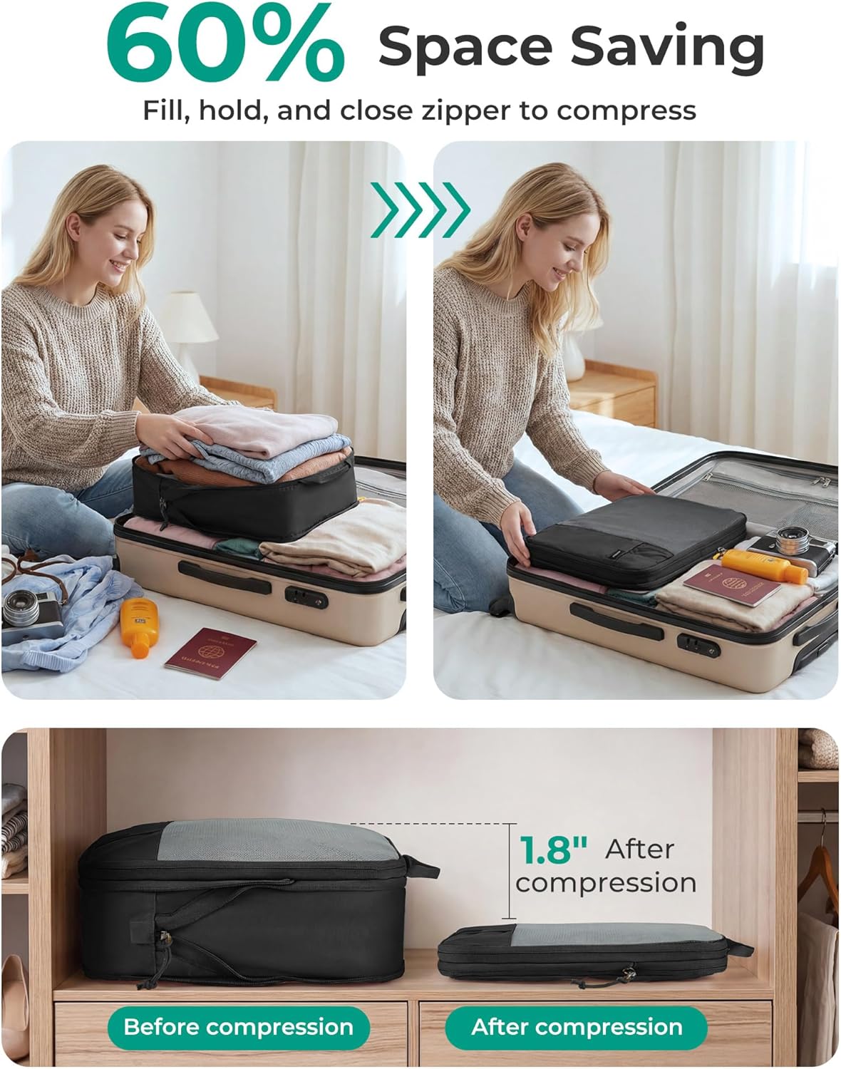 6 Set /4 Set/2 Set Compression Packing Cubes for Travel, Lightweight Luggage Organizer Bags, Durable Space Saver Bags Travel Essentials