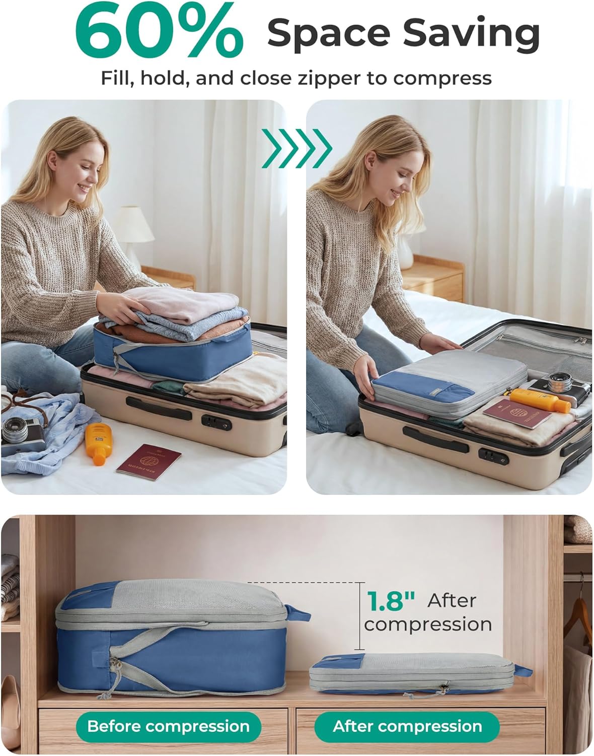 6 Set /4 Set/2 Set Compression Packing Cubes for Travel, Lightweight Luggage Organizer Bags, Durable Space Saver Bags Travel Essentials