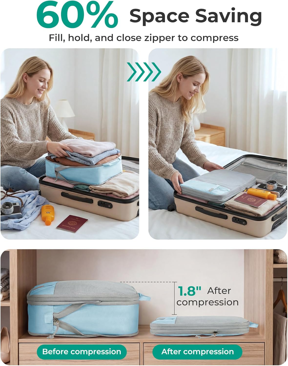 6 Set /4 Set/2 Set Compression Packing Cubes for Travel, Lightweight Luggage Organizer Bags, Durable Space Saver Bags Travel Essentials