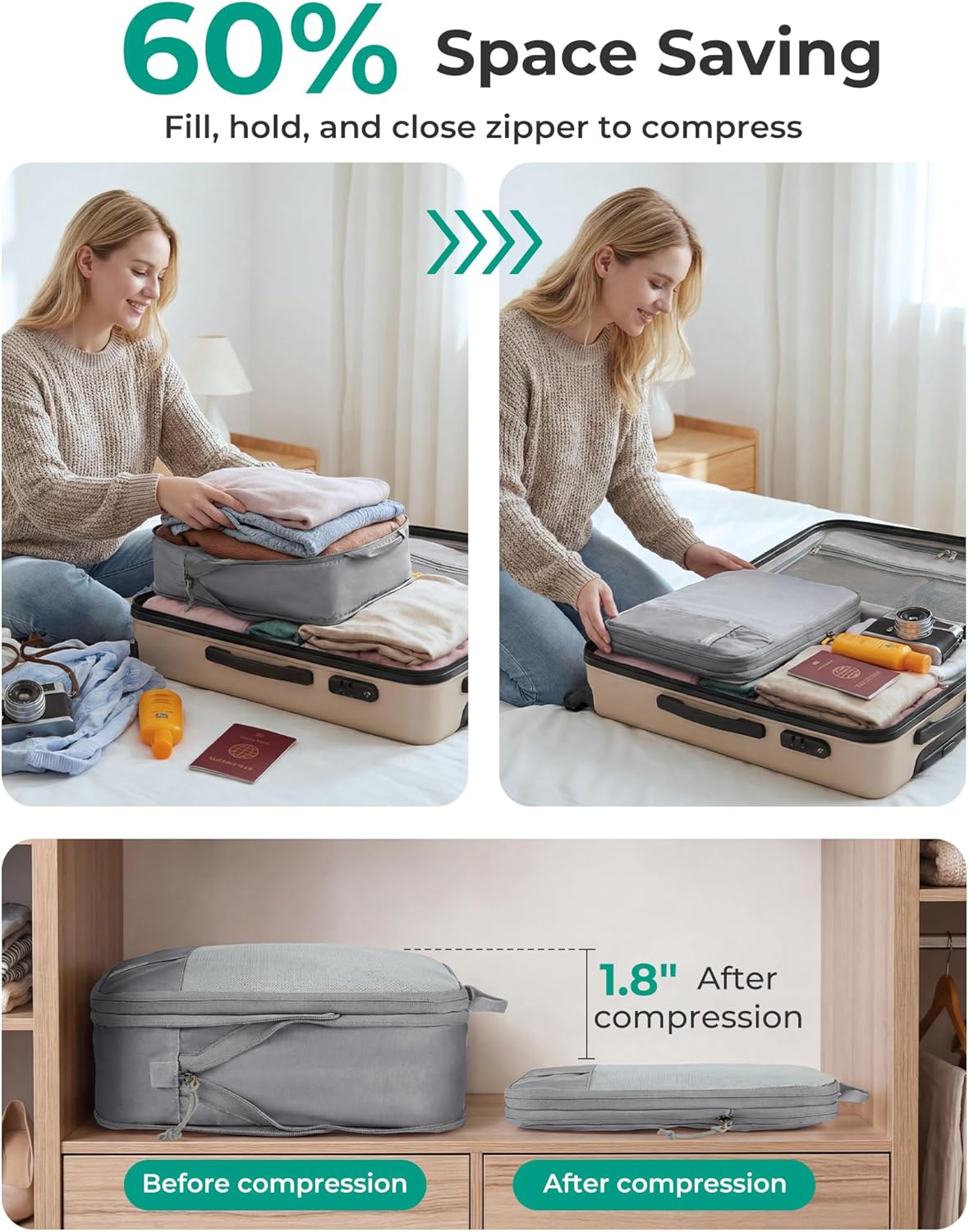 6 Set /4 Set/2 Set Compression Packing Cubes for Travel, Lightweight Luggage Organizer Bags, Durable Space Saver Bags Travel Essentials