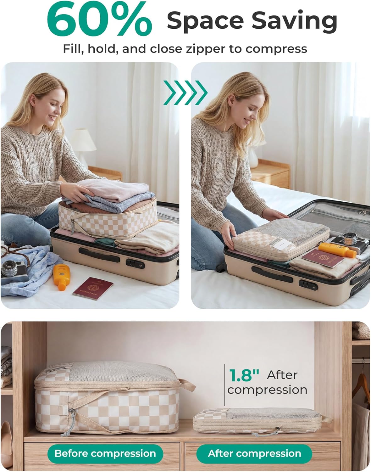 6 Set /4 Set/2 Set Compression Packing Cubes for Travel, Lightweight Luggage Organizer Bags, Durable Space Saver Bags Travel Essentials