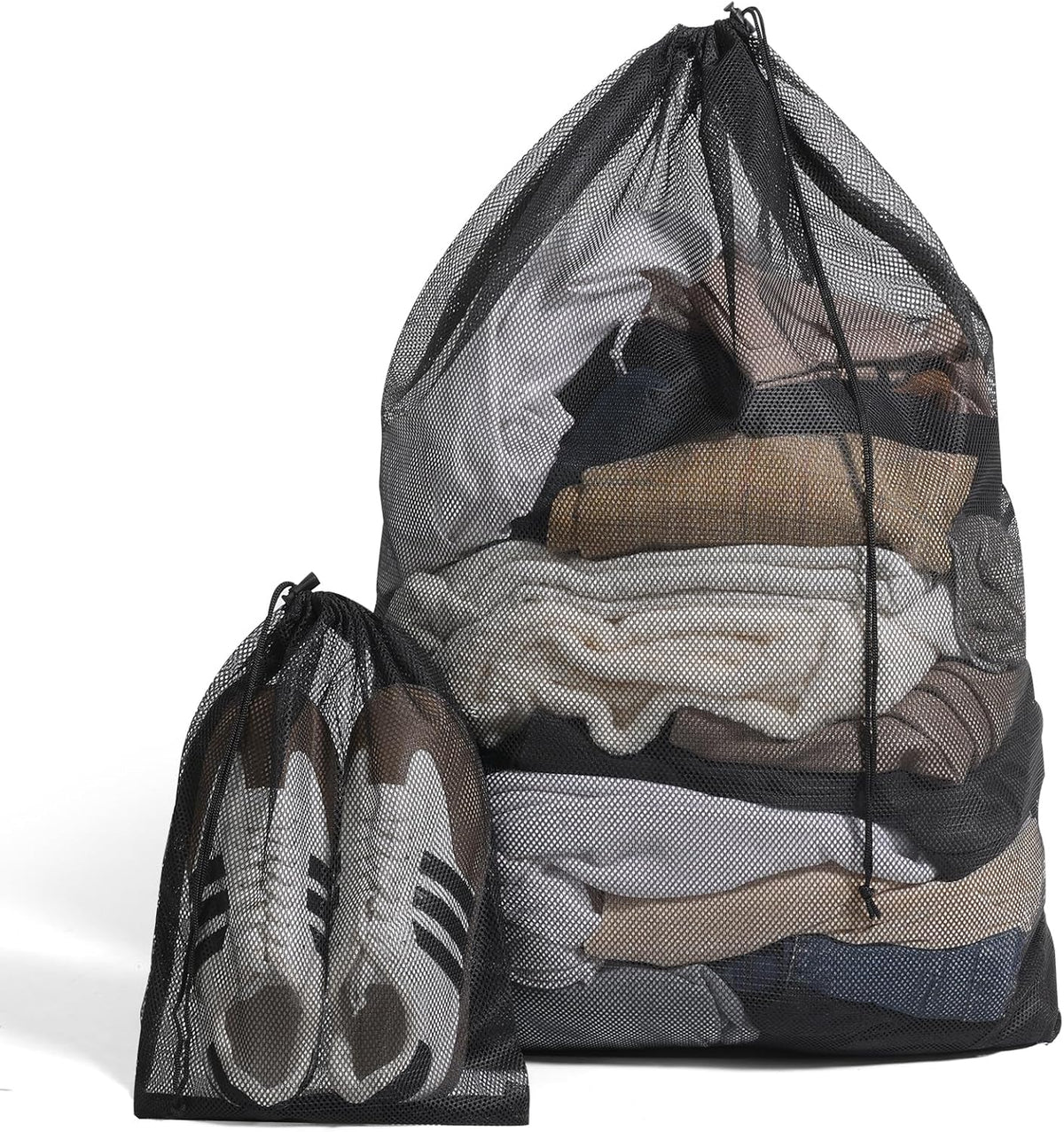 2 Pack Mesh Laundry Bags - Large & Small Heavy Duty Mesh Laundry Bag with Drawstring, Wash Bags for Travel, College, Dorms, Sports, Family, Black