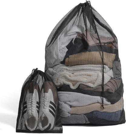 2 Pack Mesh Laundry Bags - Large & Small Heavy Duty Mesh Laundry Bag with Drawstring, Wash Bags for Travel, College, Dorms, Sports, Family, Black