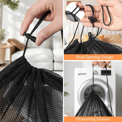 2 Pack Mesh Laundry Bags - Large & Small Heavy Duty Mesh Laundry Bag with Drawstring, Wash Bags for Travel, College, Dorms, Sports, Family, Black