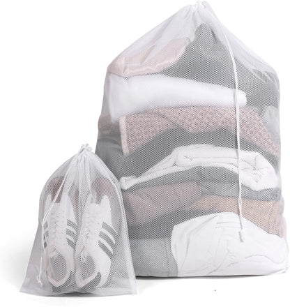 2 Pack Mesh Laundry Bags - Large & Small Heavy Duty Mesh Laundry Bag with Drawstring, Wash Bags for Travel, College, Dorms, Sports, Family, Black