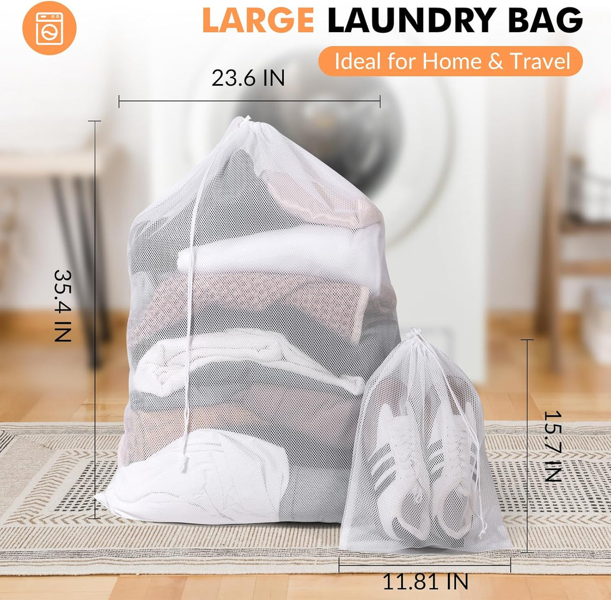 2 Pack Mesh Laundry Bags - Large & Small Heavy Duty Mesh Laundry Bag with Drawstring, Wash Bags for Travel, College, Dorms, Sports, Family, Black