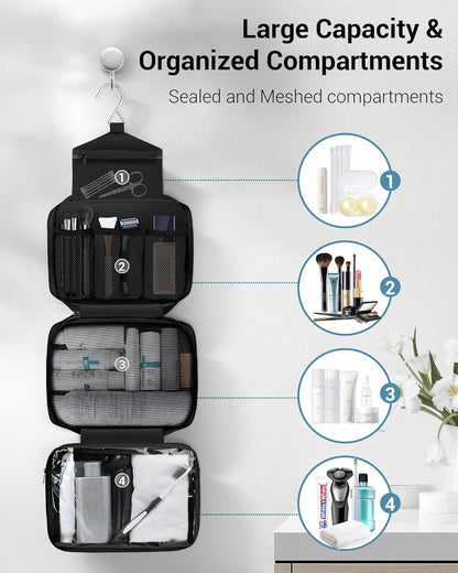 Toiletry Bag for Men & Women Travel Toiletry Bag Hanging Toiletry Bag Hygiene Bag with 4 Compartments Waterproof Bathroom Shower Bag for Traveling(Black)