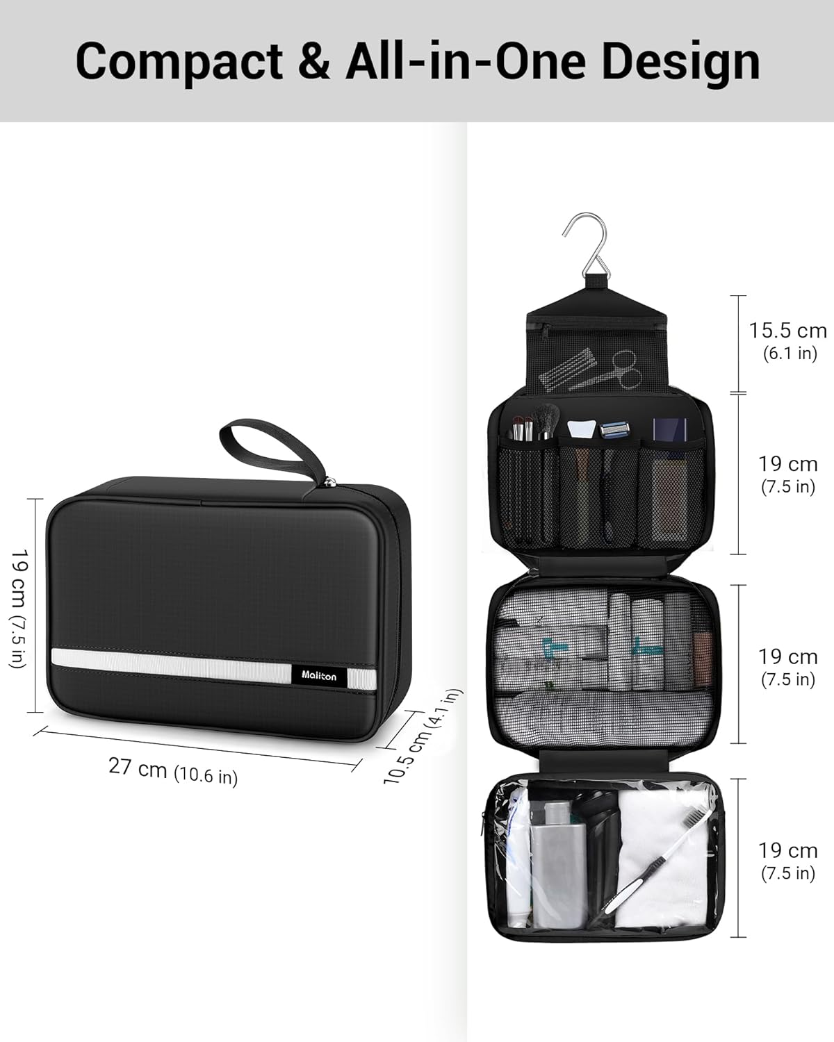 Toiletry Bag for Men & Women Travel Toiletry Bag Hanging Toiletry Bag Hygiene Bag with 4 Compartments Waterproof Bathroom Shower Bag for Traveling(Black)