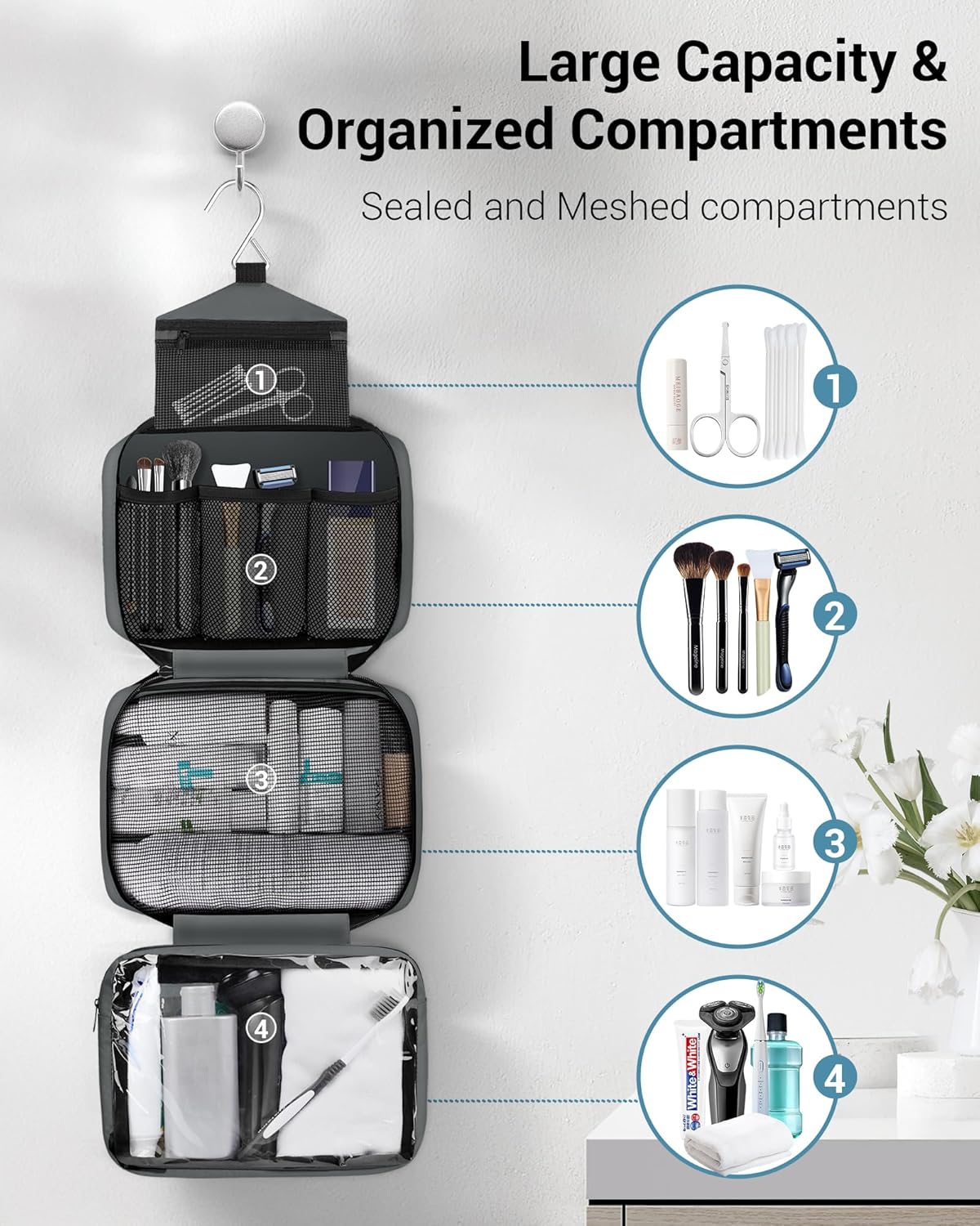 Toiletry Bag for Men & Women Travel Toiletry Bag Hanging Toiletry Bag Hygiene Bag with 4 Compartments Waterproof Bathroom Shower Bag for Traveling(Black)