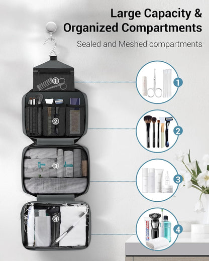 Toiletry Bag for Men & Women Travel Toiletry Bag Hanging Toiletry Bag Hygiene Bag with 4 Compartments Waterproof Bathroom Shower Bag for Traveling(Black)