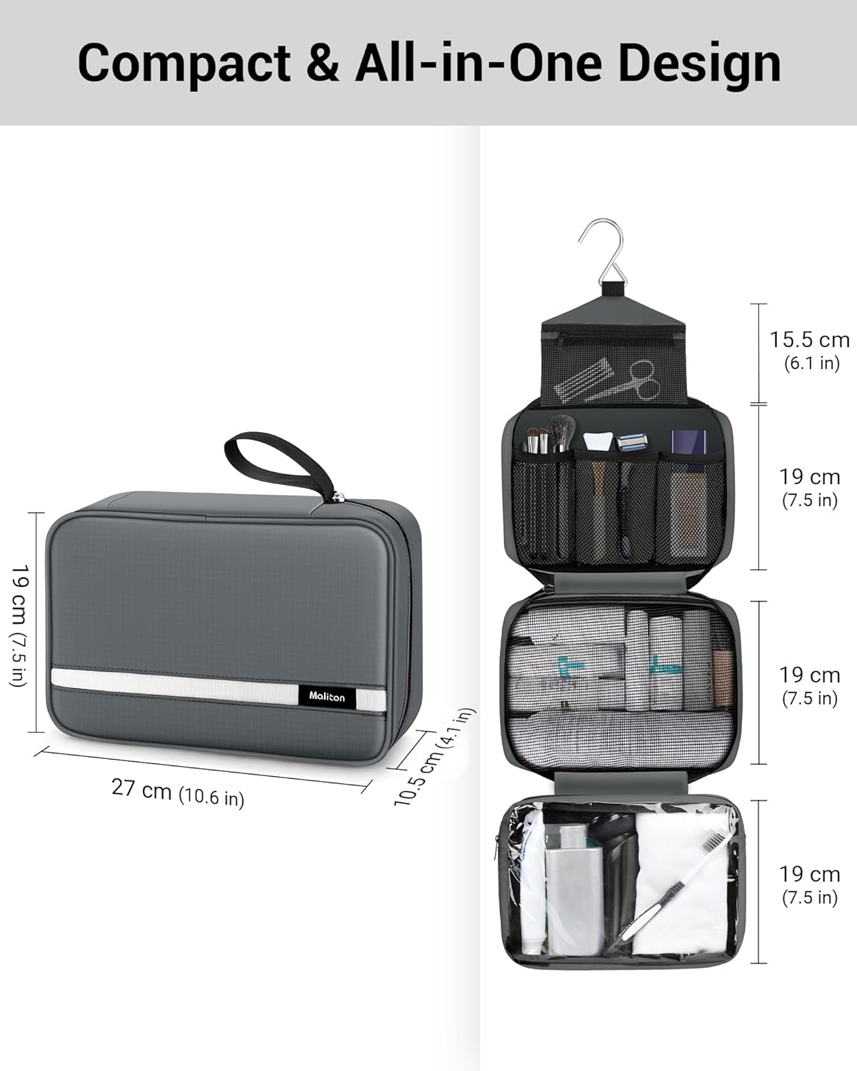 Toiletry Bag for Men & Women Travel Toiletry Bag Hanging Toiletry Bag Hygiene Bag with 4 Compartments Waterproof Bathroom Shower Bag for Traveling(Black)