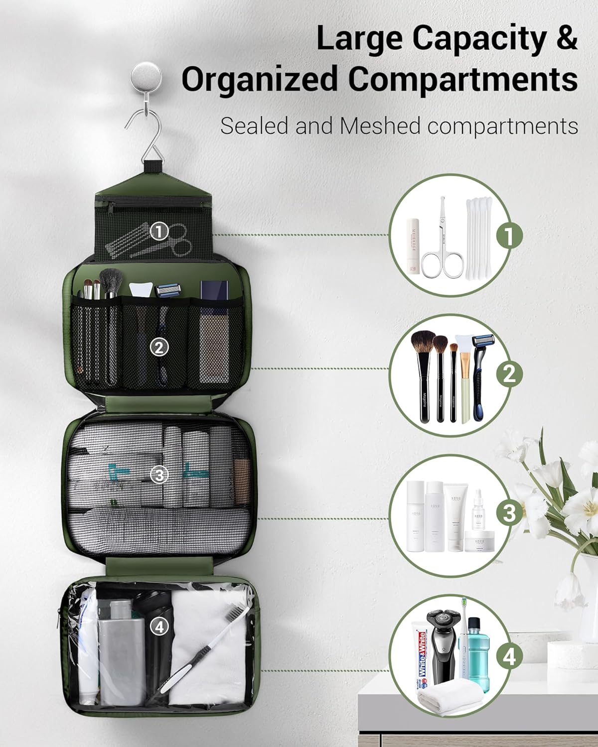 Toiletry Bag for Men & Women Travel Toiletry Bag Hanging Toiletry Bag Hygiene Bag with 4 Compartments Waterproof Bathroom Shower Bag for Traveling(Black)