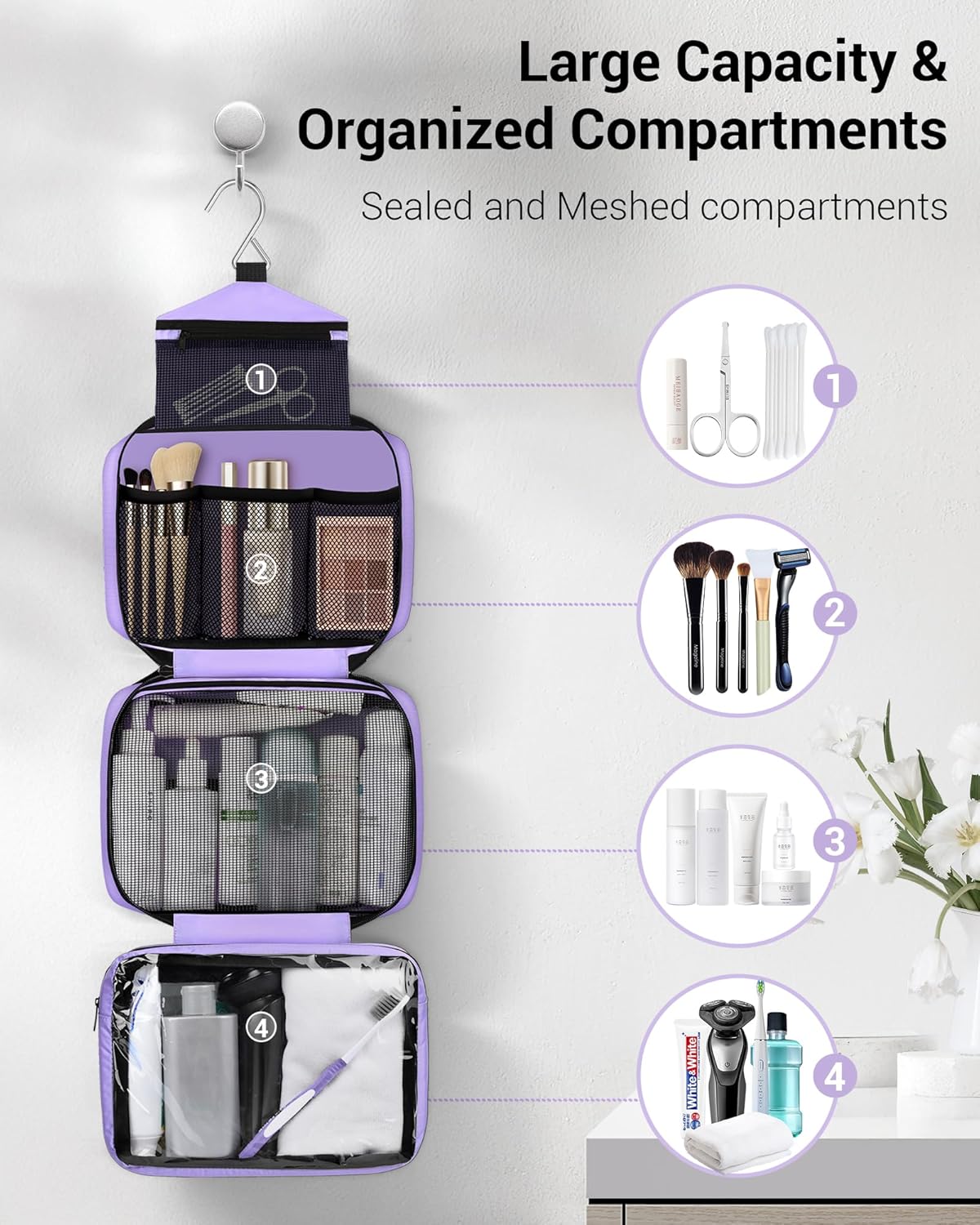 Toiletry Bag for Men & Women Travel Toiletry Bag Hanging Toiletry Bag Hygiene Bag with 4 Compartments Waterproof Bathroom Shower Bag for Traveling(Black)