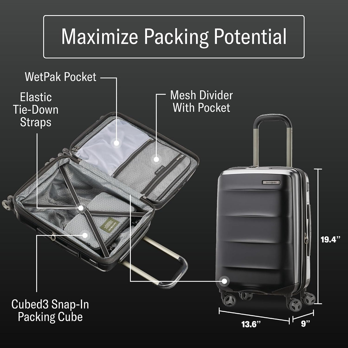 Octiv Lightweight Hardshell 20-Inch Carry-On Luggage -Durable & Impact Resistant, 360° Aero Trac Spinner Wheels, Adjustable Telescopic Handle, Expandable Suitcase, TSA Approved Lock - Black